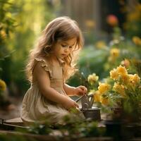 ai gerado uma pequeno menina é rega flores dentro uma jardim foto