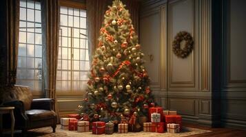 ai gerado Natal árvore dentro uma vivo quarto com apresenta foto