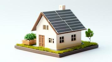 ai gerado miniatura casa modelo com solar painel em cobertura em branco fundo. inteligente casa energia salvando conceito foto