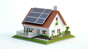 ai gerado miniatura casa modelo com solar painel em cobertura em branco fundo. inteligente casa energia salvando conceito foto