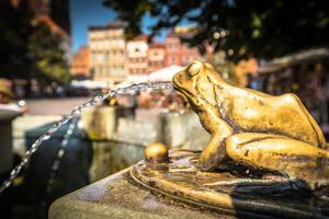 bronze dourado rã escultura derramando água, detalhe do uma fonte dentro para correr, Polônia. foto