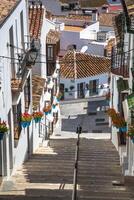 rua pitoresca de mijas com vasos de flores nas fachadas. aldeia branca andaluza. costa del sol. Espanha do sul foto