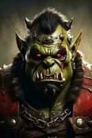 ai gerado retrato do uma fantasia orcs Guerreiro com chifres e armaduras em uma Sombrio fundo foto