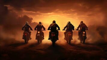motociclistas em a estrada às pôr do sol foto
