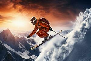 esquiador esquiar descida dentro Alto montanhas às pôr do sol foto