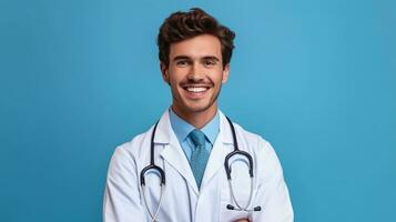 sorridente jovem masculino médico olhando às Câmera isolado em azul fundo foto