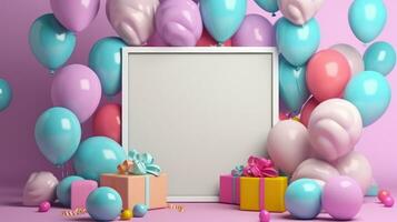 branco quadro, Armação com balões e presentes dentro a sala, aniversário celebração fundo foto