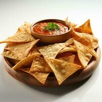 nachos com salsa mergulho em branco fundo. mexicano Comida. foto