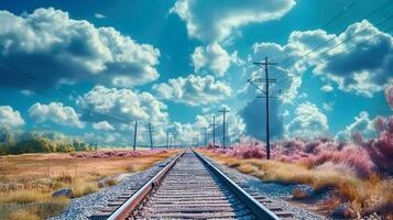 estrada de ferro dentro a campo e azul céu com branco nuvens foto