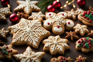 ai gerado Natal Pão de gengibre biscoitos com decoração em Sombrio fundo. ai generativo foto