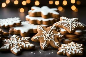 ai gerado Natal Pão de gengibre biscoitos em uma Sombrio fundo com bokeh luzes. ai generativo foto
