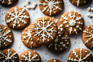 ai gerado Natal Pão de gengibre biscoitos com branco flocos de neve em uma branco fundo. ai generativo foto