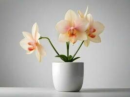ai gerado Rosa orquídeas dentro uma branco vaso foto