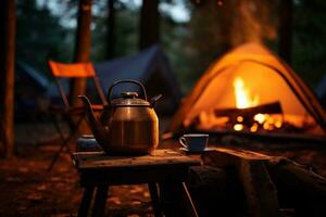 ai gerado acampamento dentro a bosques, uma chaleira e uma copo do chá foto