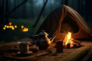 ai gerado acampamento dentro a bosques, uma chaleira e uma copo do chá foto
