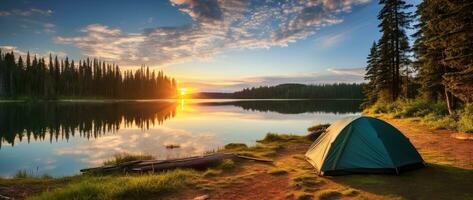 ai gerado acampamento barraca em a costa do uma lago às pôr do sol. foto