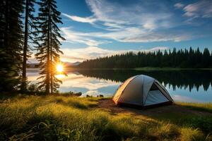 ai gerado acampamento barraca em a costa do uma lago às pôr do sol. foto