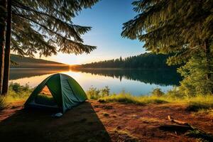 ai gerado acampamento barraca em a costa do uma lago às pôr do sol. foto