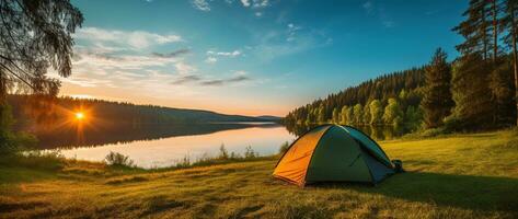 ai gerado acampamento barraca em a costa do uma lago às pôr do sol. foto