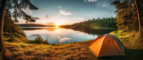 ai gerado acampamento barraca em a costa do uma lago às pôr do sol. foto