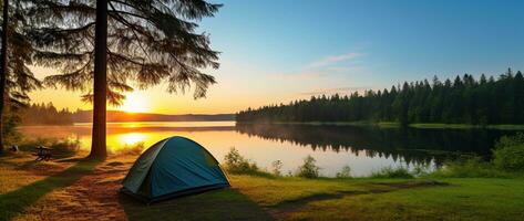 ai gerado acampamento barraca em a costa do uma lago às pôr do sol. foto