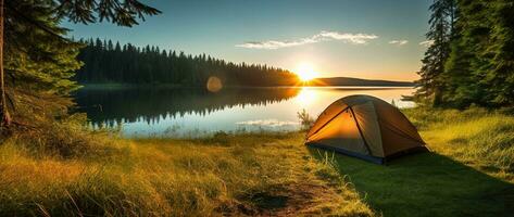 ai gerado acampamento barraca em a costa do uma lago às pôr do sol. foto