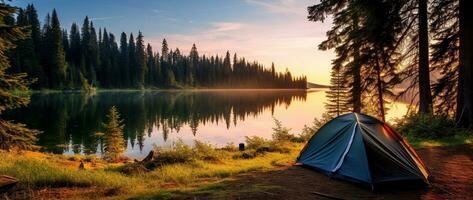 ai gerado acampamento barraca em a costa do uma lago às pôr do sol. foto