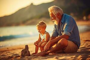 ai gerado avô e Neto jogando com areia em a de praia às pôr do sol, feliz Senior homem e dele Neto em a de praia às verão, ai gerado foto