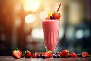 ai gerado morango e mirtilo milkshake dentro uma vidro, uma refrescante fruta batido derramado para dentro uma Claro vidro em uma estilo café fundo, ai gerado foto