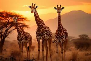 ai gerado grupo do girafas dentro savana às pôr do sol, sul África, girafa caminhando dentro a savana, ai gerado foto