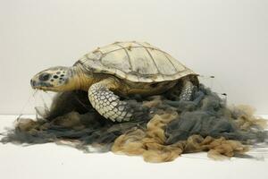 ai gerado tartaruga dentro a estúdio, isolado em uma branco fundo, morto tartaruga dentro pescaria redes, ai gerado foto