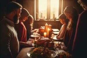 ai gerado grupo do amigos sentado às a mesa e a comemorar Ação de graças dia junto, família Rezar segurando mãos às Ação de graças mesa, ai gerado foto