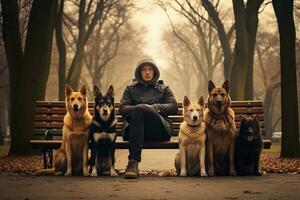 ai gerado menina sentado em uma Banco dentro a parque com rouco cães, cachorro andador sentado em Banco e desfrutando dentro parque com cães, ai gerado foto