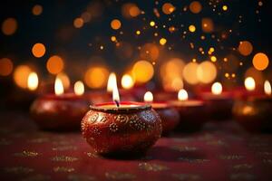 ai gerado queimando diya lâmpadas para diwali festival, fechar acima, diwali dia festival diwali lanternas fundo com velas e borrado luzes, ai gerado foto