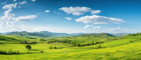 ai gerado lindo panorama com verde prados e azul céu com nuvens. foto