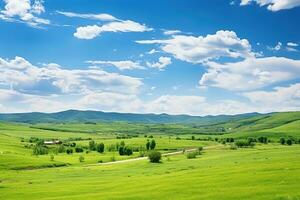 ai gerado lindo panorama com verde prados e azul céu com nuvens. foto