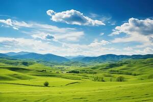 ai gerado lindo panorama com verde prados e azul céu com nuvens. foto