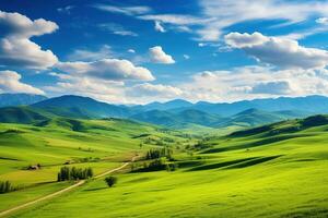 ai gerado lindo panorama com verde prados e azul céu com nuvens. foto