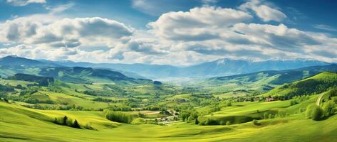 ai gerado lindo panorama com verde prados e azul céu com nuvens. foto