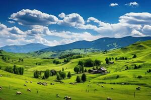 ai gerado lindo panorama com verde prados e azul céu com nuvens. foto