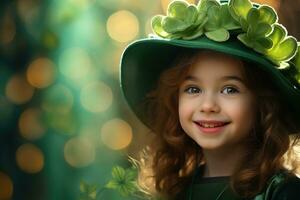 ai gerado retrato do uma lindo pequeno menina dentro uma verde chapéu.st. patrick's dia conceito foto