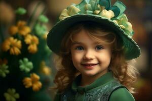 ai gerado retrato do uma lindo pequeno menina dentro uma verde chapéu.st. patrick's dia conceito foto