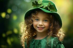 ai gerado retrato do uma lindo pequeno menina dentro uma verde chapéu.st. patrick's dia conceito foto