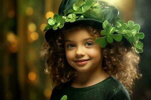 ai gerado retrato do uma lindo pequeno menina dentro uma verde chapéu.st. patrick's dia conceito foto