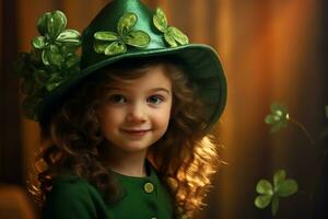 ai gerado retrato do uma lindo pequeno menina dentro uma verde chapéu.st. patrick's dia conceito foto