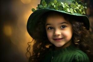 ai gerado retrato do uma lindo pequeno menina dentro uma verde chapéu.st. patrick's dia conceito foto