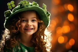 ai gerado retrato do uma lindo pequeno menina dentro uma verde chapéu.st. patrick's dia conceito foto