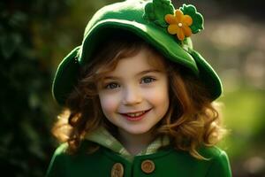 ai gerado retrato do uma lindo pequeno menina dentro uma verde chapéu.st. patrick's dia conceito foto