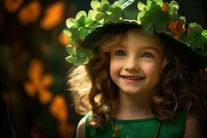 ai gerado retrato do uma lindo pequeno menina dentro uma verde chapéu.st. patrick's dia conceito foto