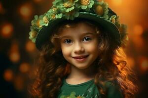 ai gerado retrato do uma lindo pequeno menina dentro uma verde chapéu.st. patrick's dia conceito foto